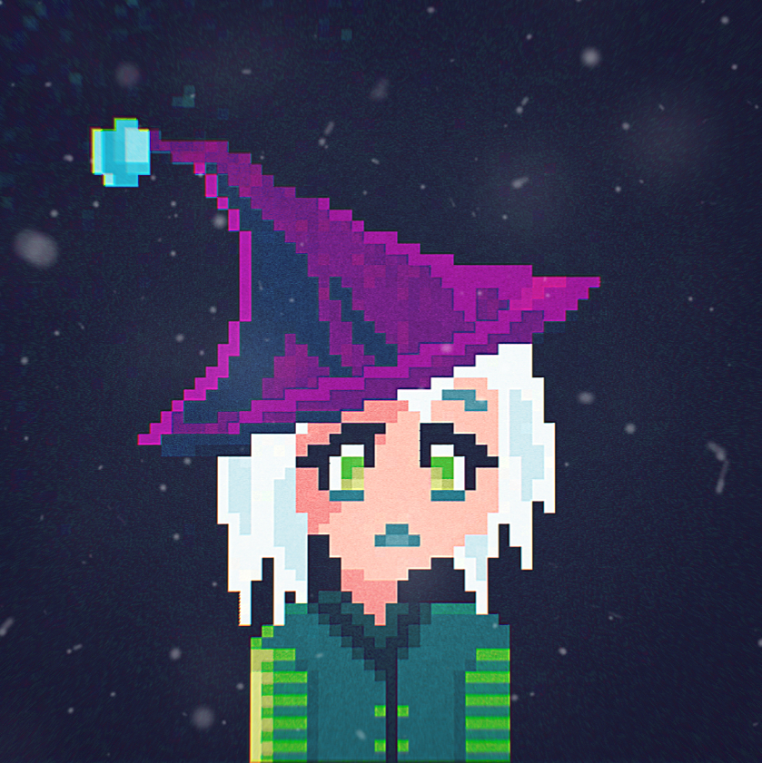 a pixel art portrait of plokta wearing neon-tinted spectacles.